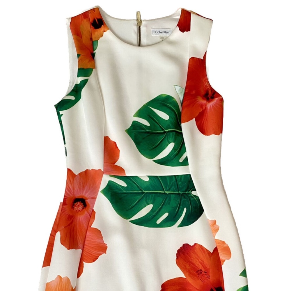 Calvin Klein Tropical Print Sheath Dress - White, Green, Orange - 8